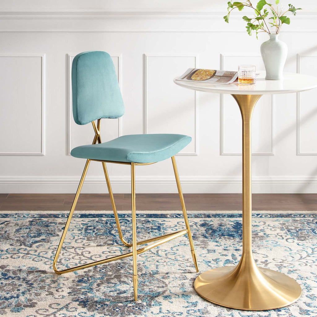 Ponder Performance Velvet Bar Stool in Sea Blue