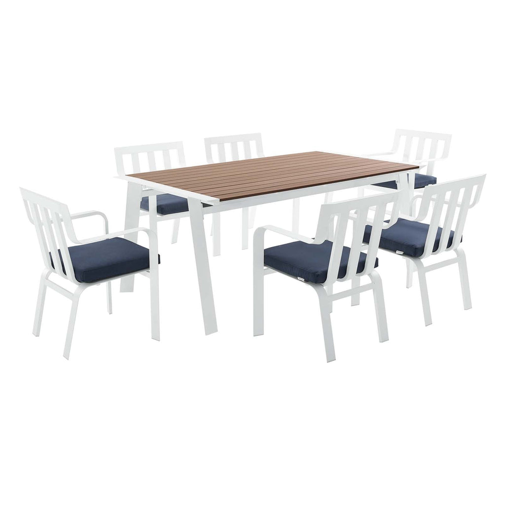 Baxley 7 Piece Outdoor Patio Aluminum Dining Set in White Navy