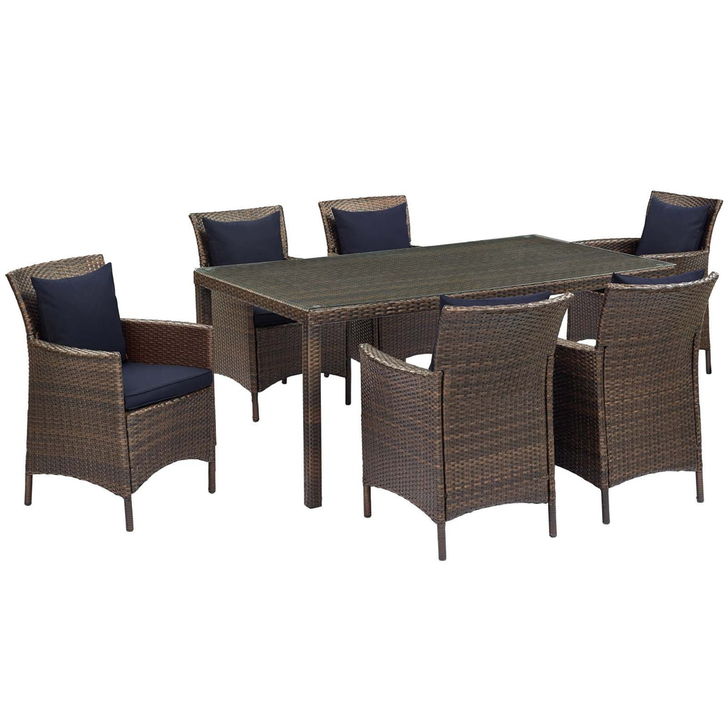 Conduit 7 Piece Outdoor Patio Wicker Rattan Dining Set in Brown Navy