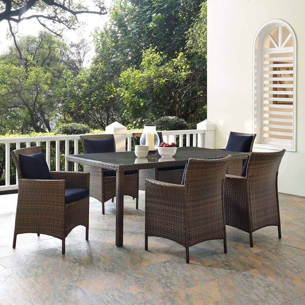 Conduit 7 Piece Outdoor Patio Wicker Rattan Dining Set in Brown Navy