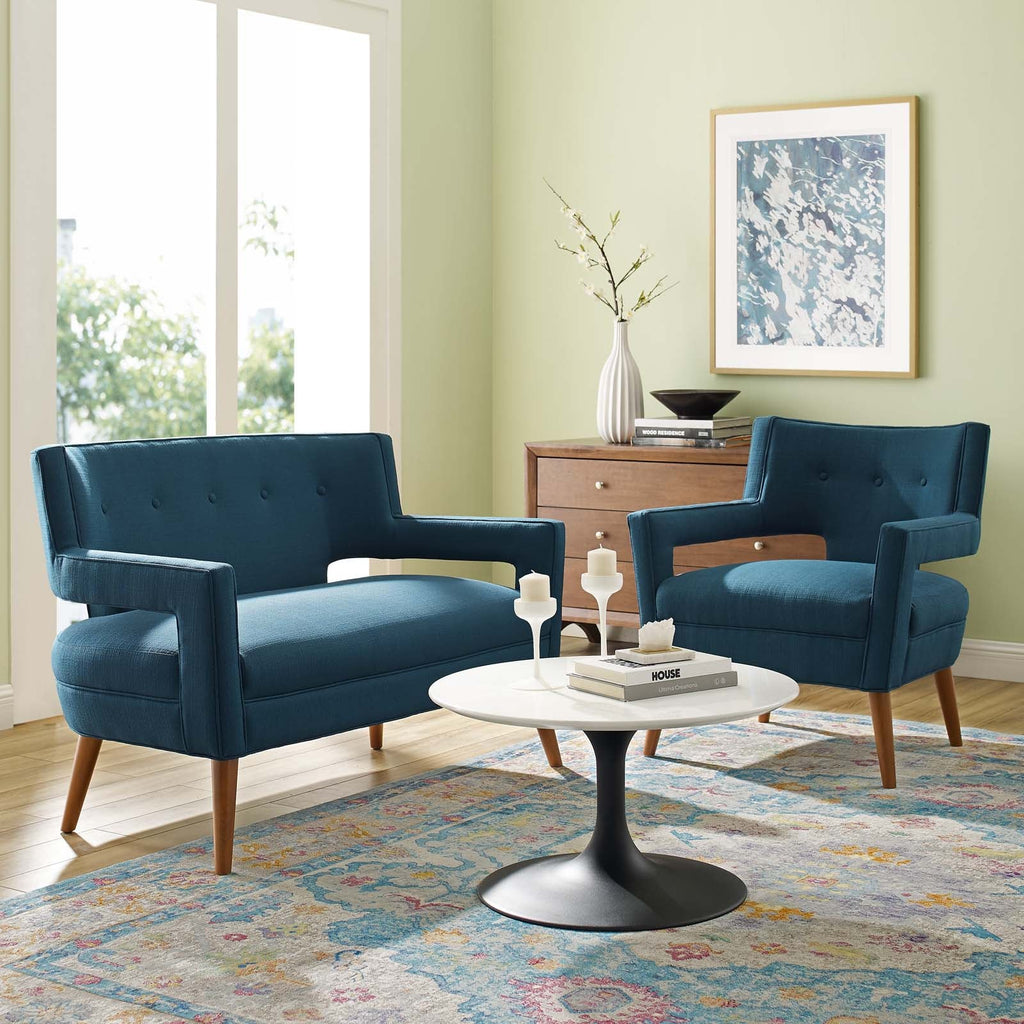 Sheer Upholstered Fabric Loveseat and Armchair Set in Azure