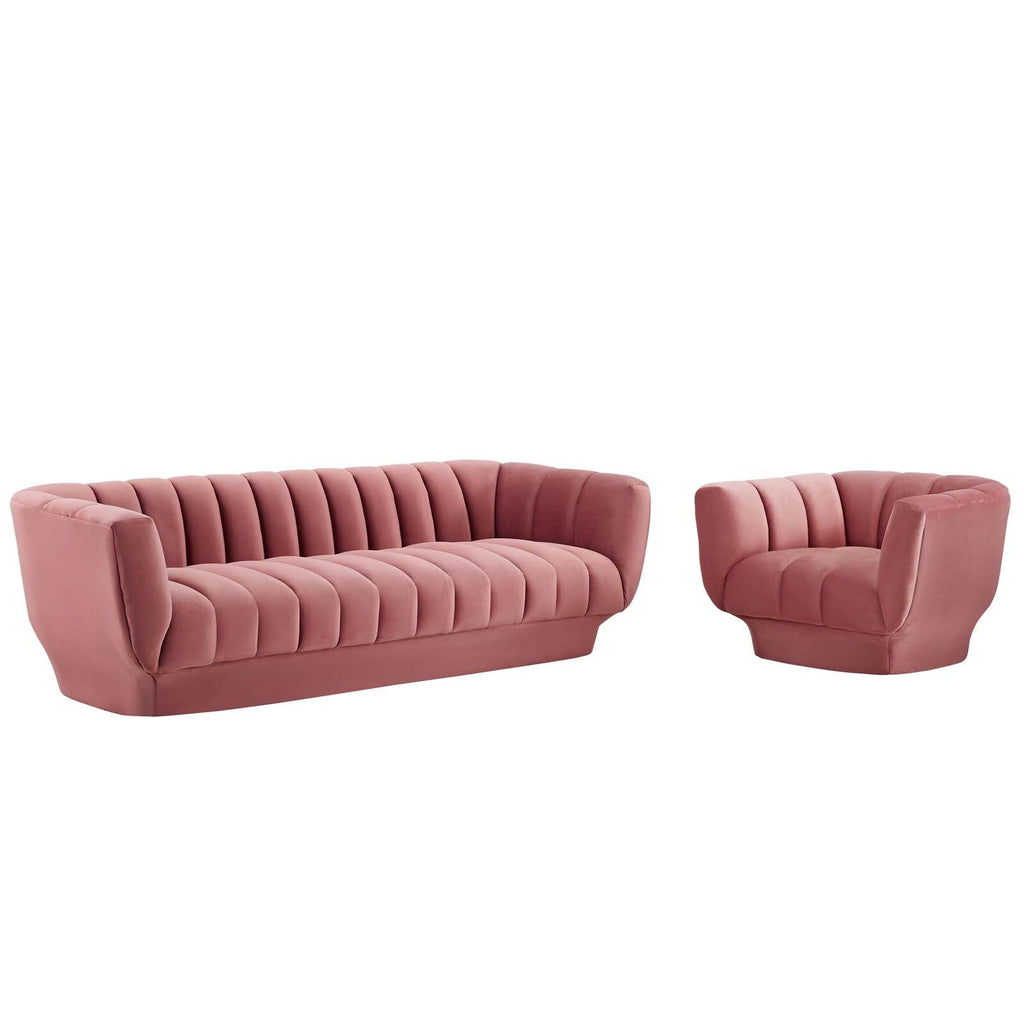 Entertain Vertical Channel Tufted Performance Velvet Sofa and Armchair Set in Dusty Rose