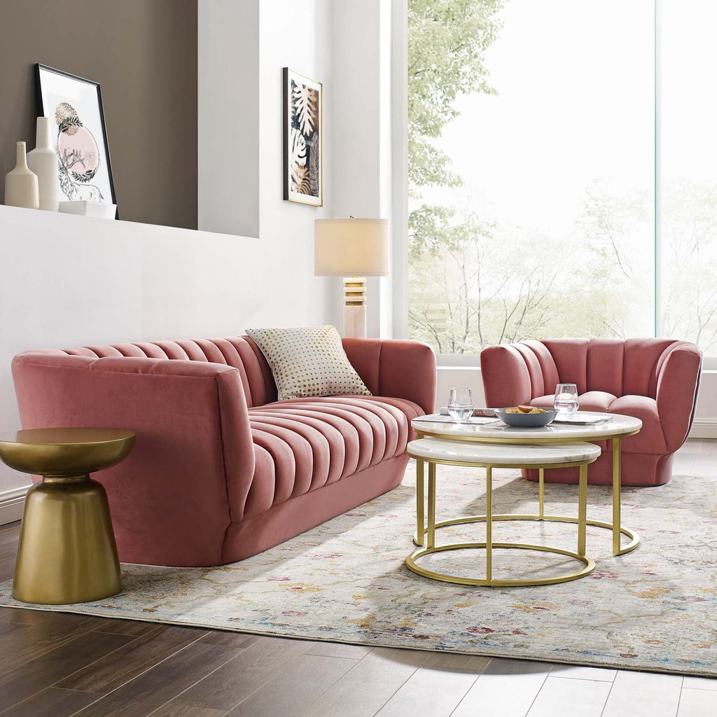 Entertain Vertical Channel Tufted Performance Velvet Sofa and Armchair Set in Dusty Rose