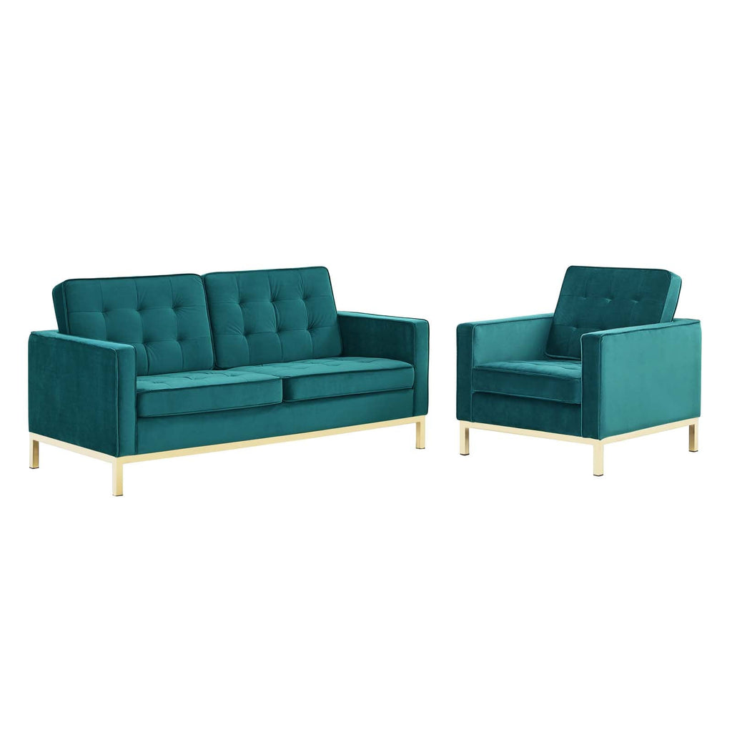 Loft Gold Stainless Steel Leg Performance Velvet Loveseat and Armchair Set in Gold Teal