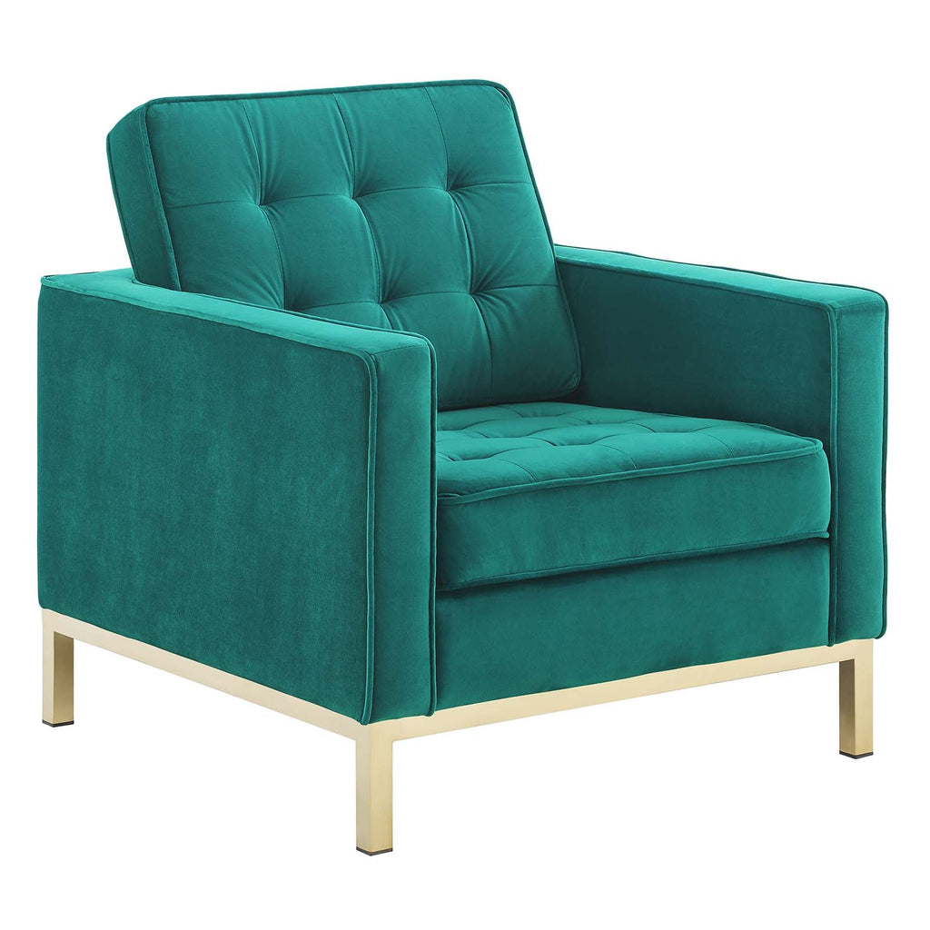 Loft Gold Stainless Steel Leg Performance Velvet Loveseat and Armchair Set in Gold Teal