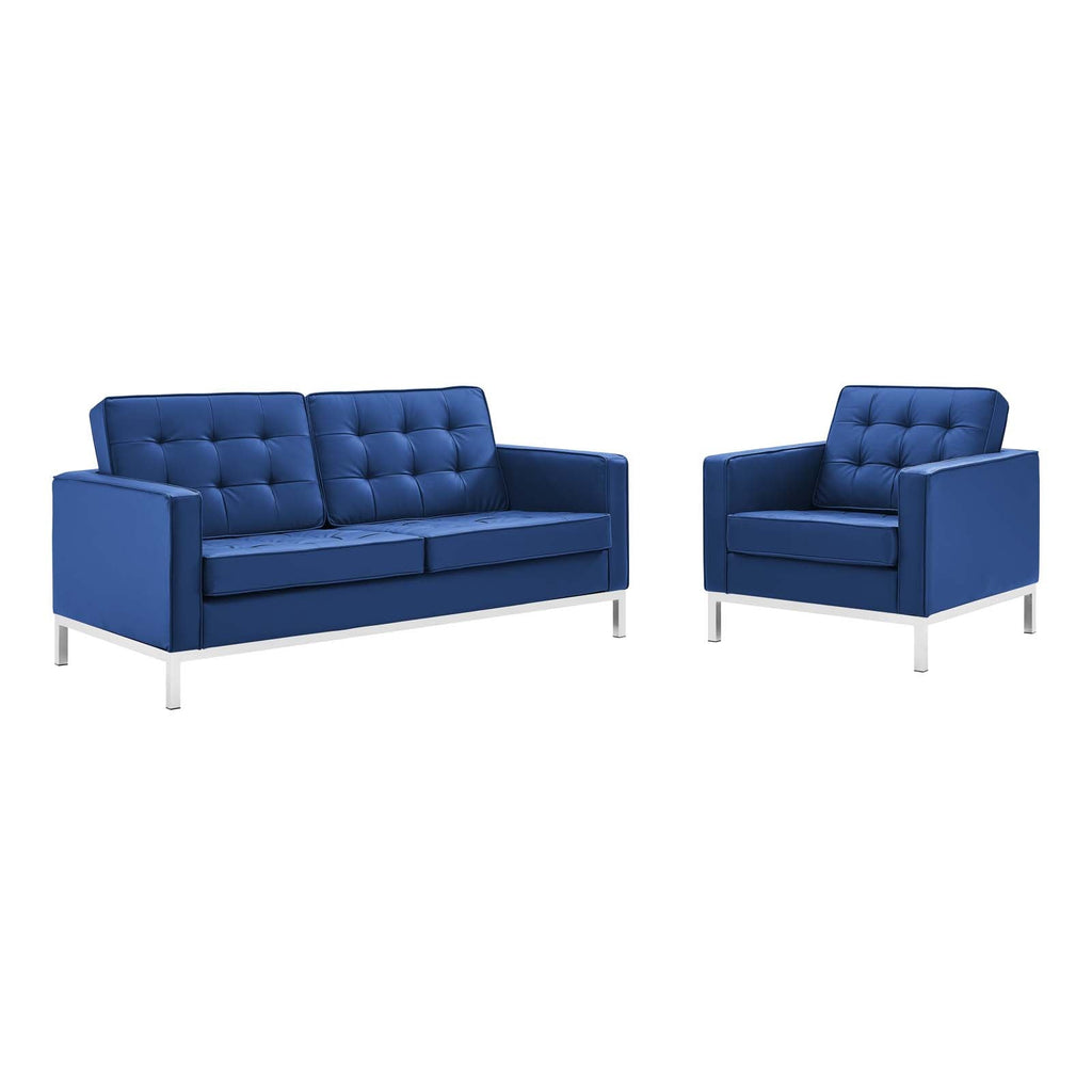 Loft Tufted Upholstered Faux Leather Loveseat and Armchair Set in Silver Navy