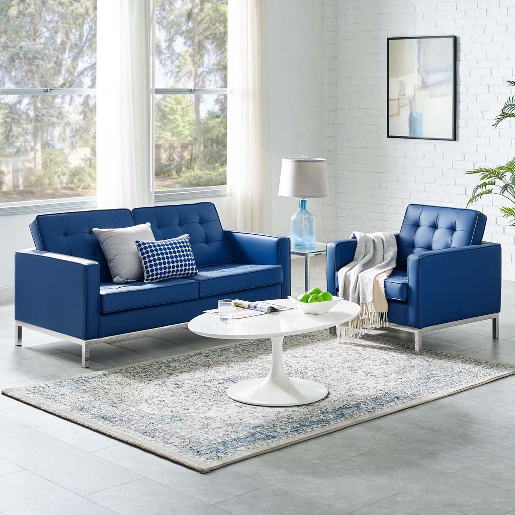 Loft Tufted Upholstered Faux Leather Loveseat and Armchair Set in Silver Navy