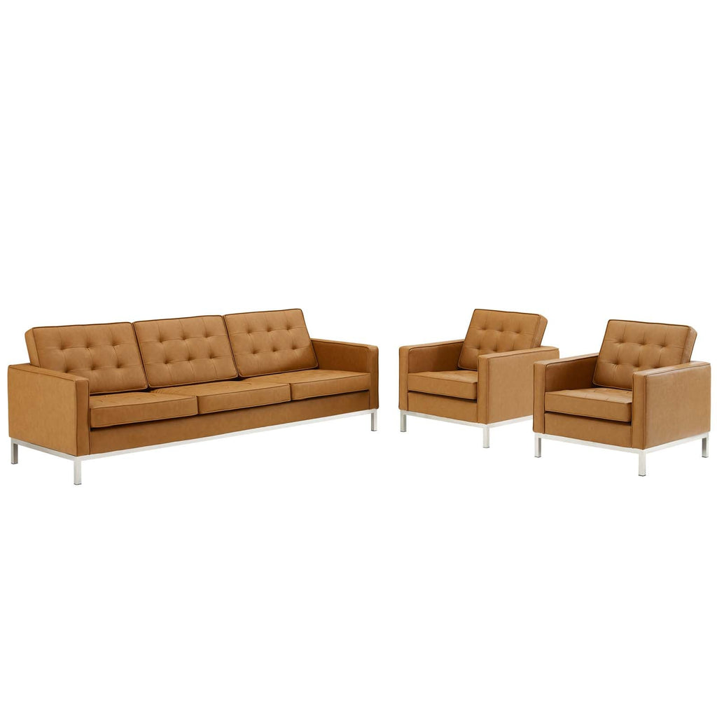 Loft 3 Piece Tufted Upholstered Faux Leather Set in Silver Tan-1