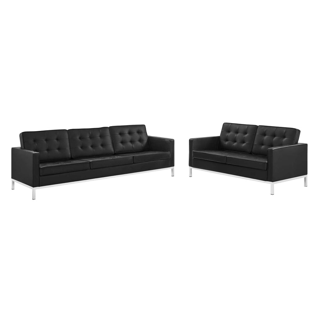 Loft Tufted Upholstered Faux Leather Sofa and Loveseat Set in Silver Black