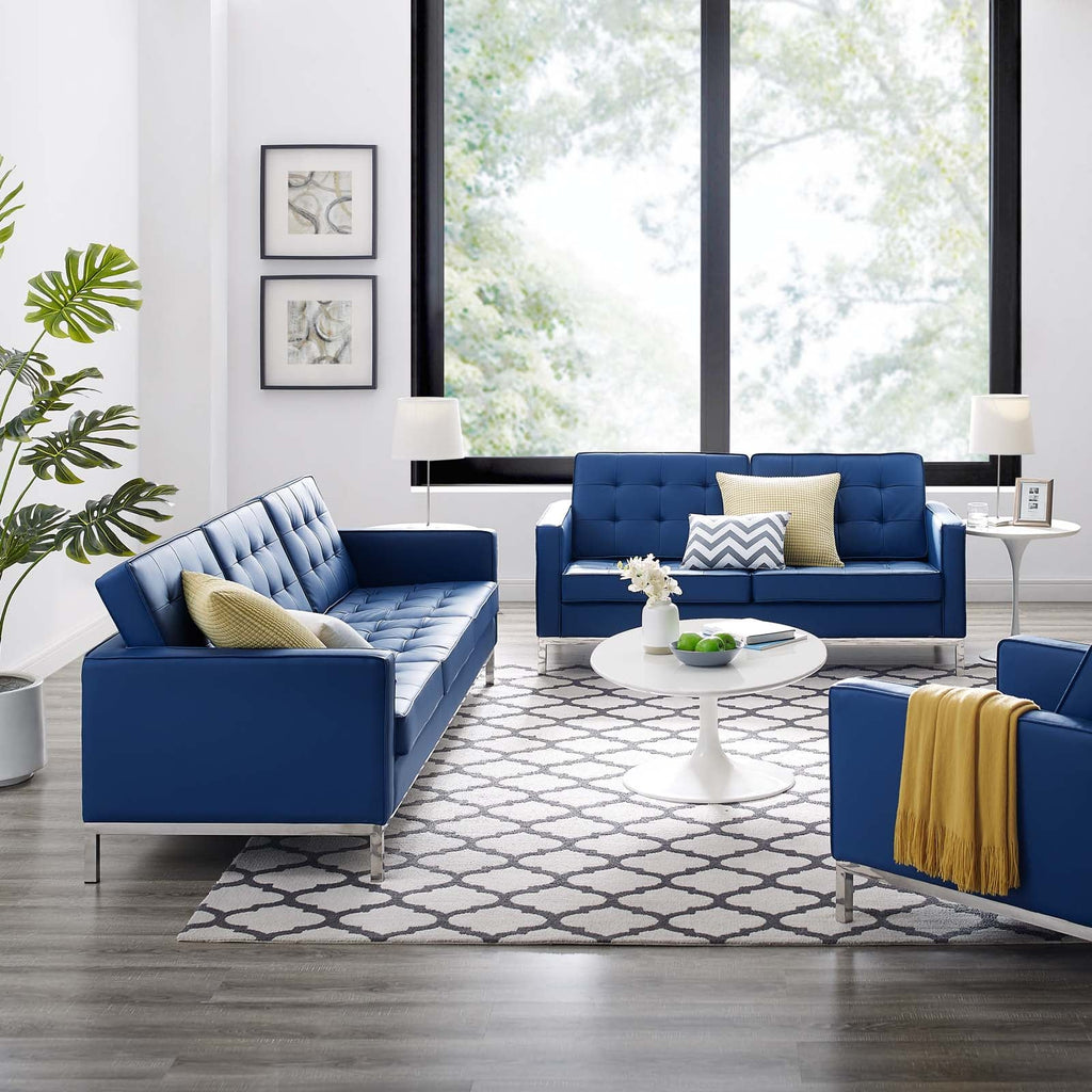 Loft Tufted Upholstered Faux Leather Sofa and Loveseat Set in Silver Navy