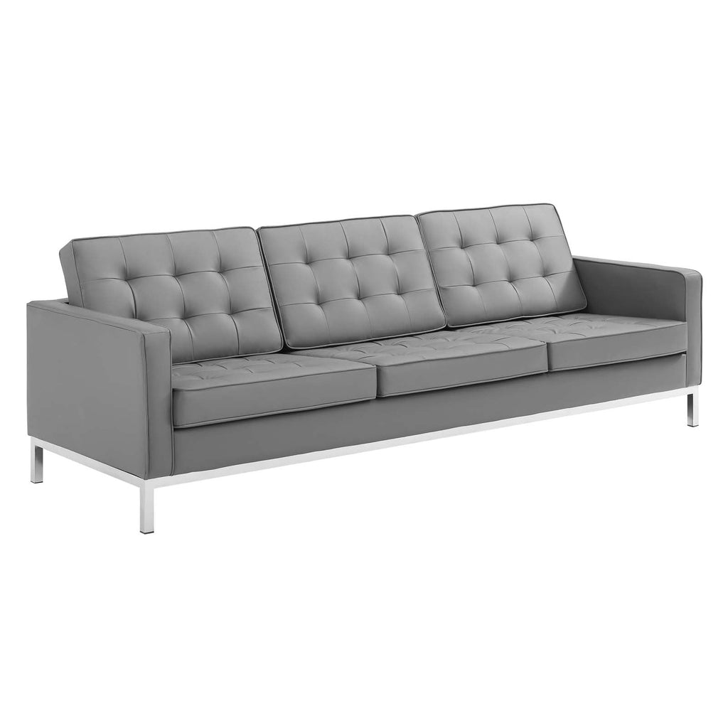 Loft Tufted Upholstered Faux Leather 3 Piece Set in Silver Gray