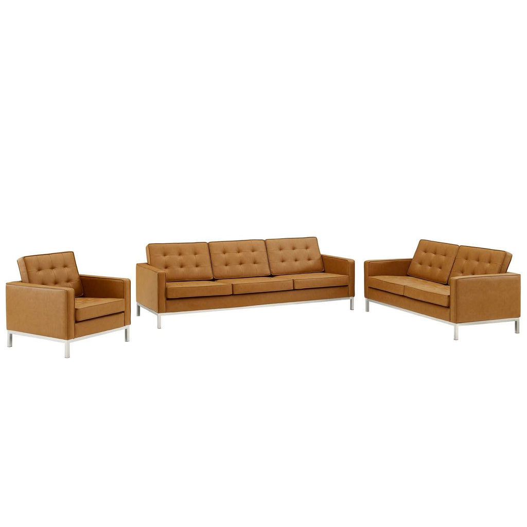 Loft Tufted Upholstered Faux Leather 3 Piece Set in Silver Tan