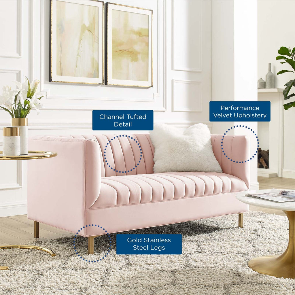 Shift Channel Tufted Performance Velvet Loveseat in Pink