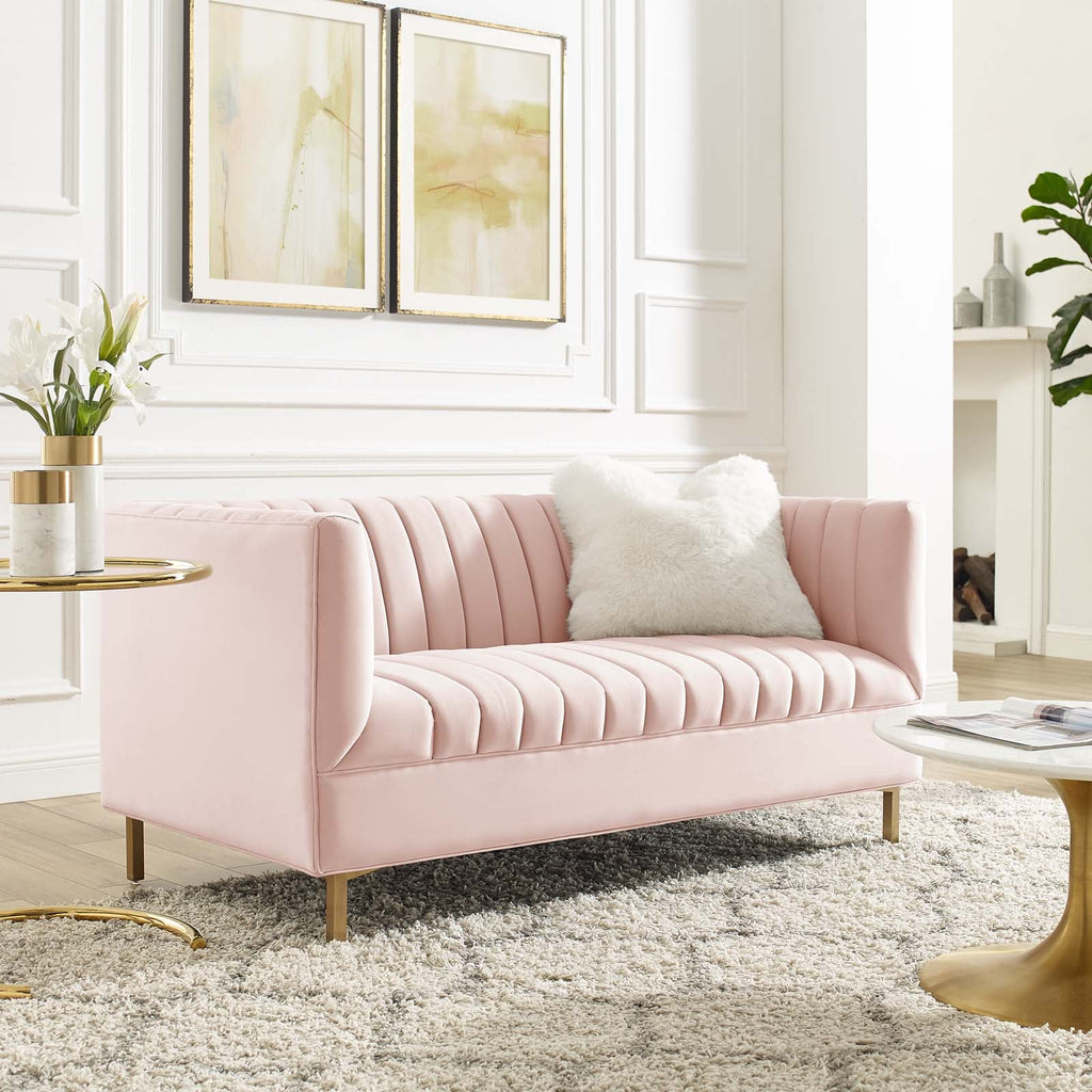 Shift Channel Tufted Performance Velvet Loveseat in Pink