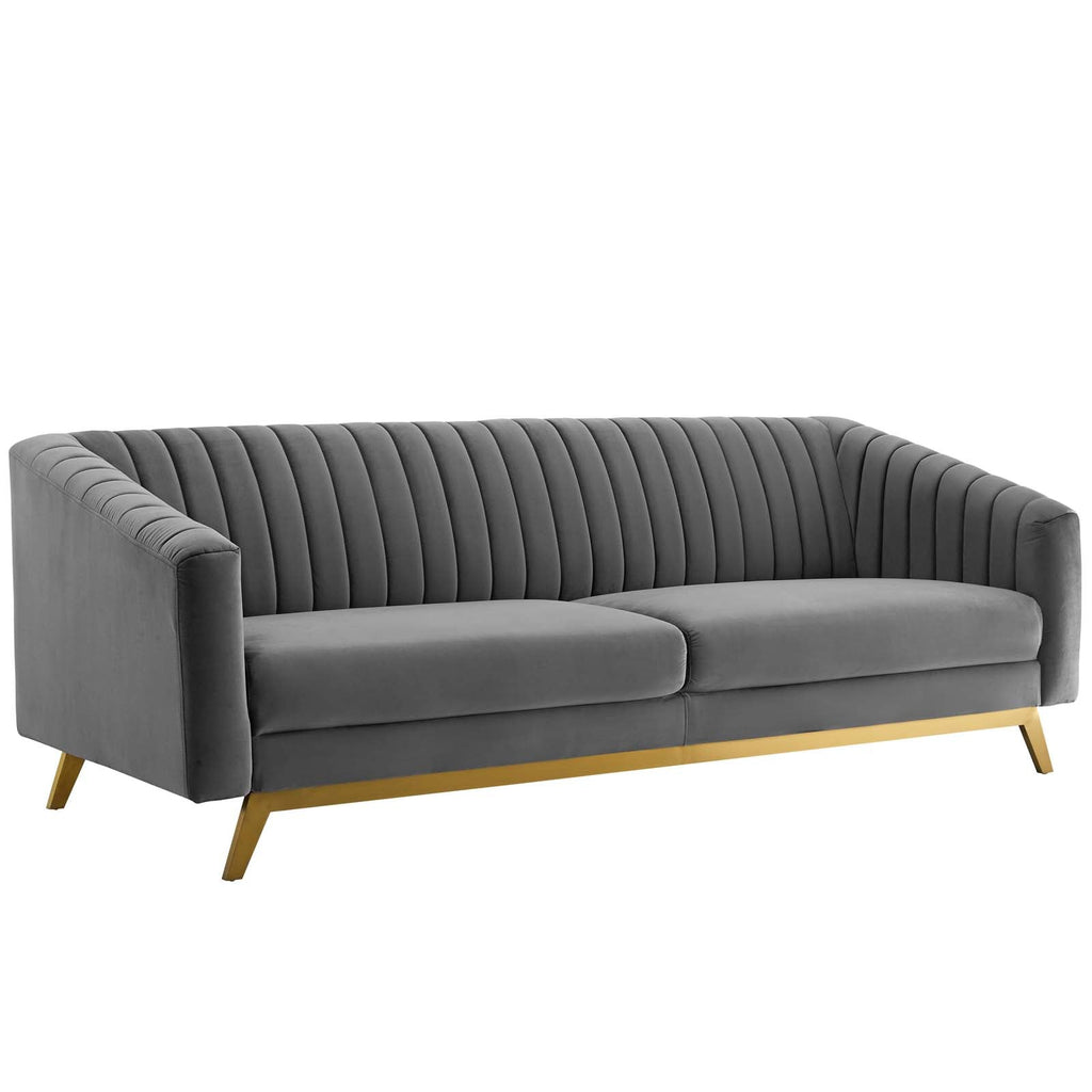 Valiant Vertical Channel Tufted Performance Velvet Sofa and Armchair Set in Gray