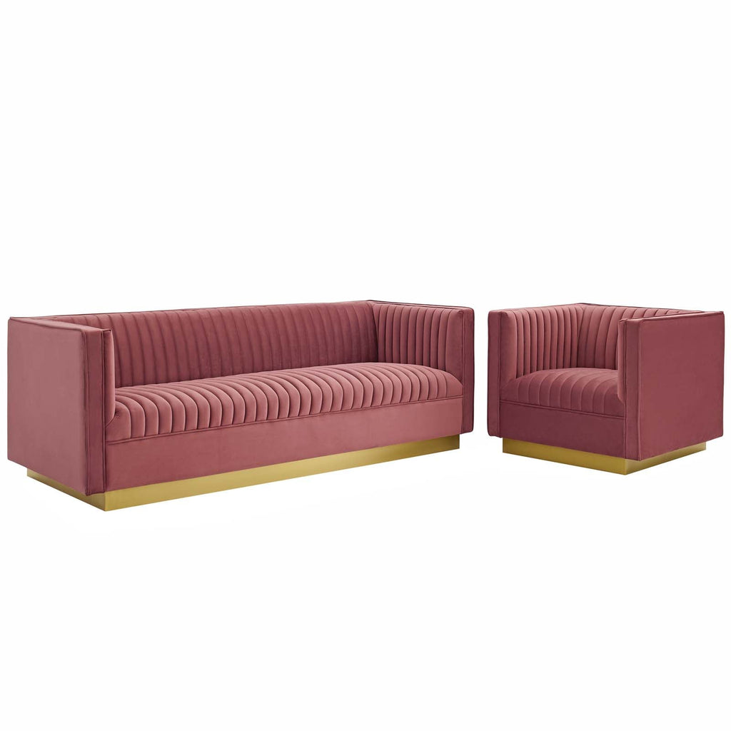 Sanguine Vertical Channel Tufted Upholstered Performance Velvet Sofa and Armchair Set in Dusty Rose