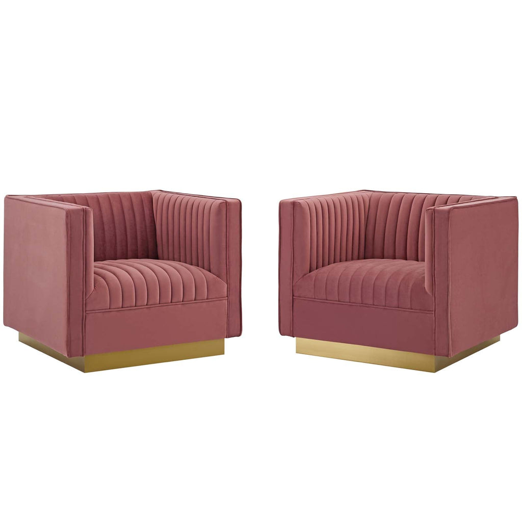 Sanguine Vertical Channel Tufted Upholstered Performance Velvet Armchair Set of 2 in Dusty Rose