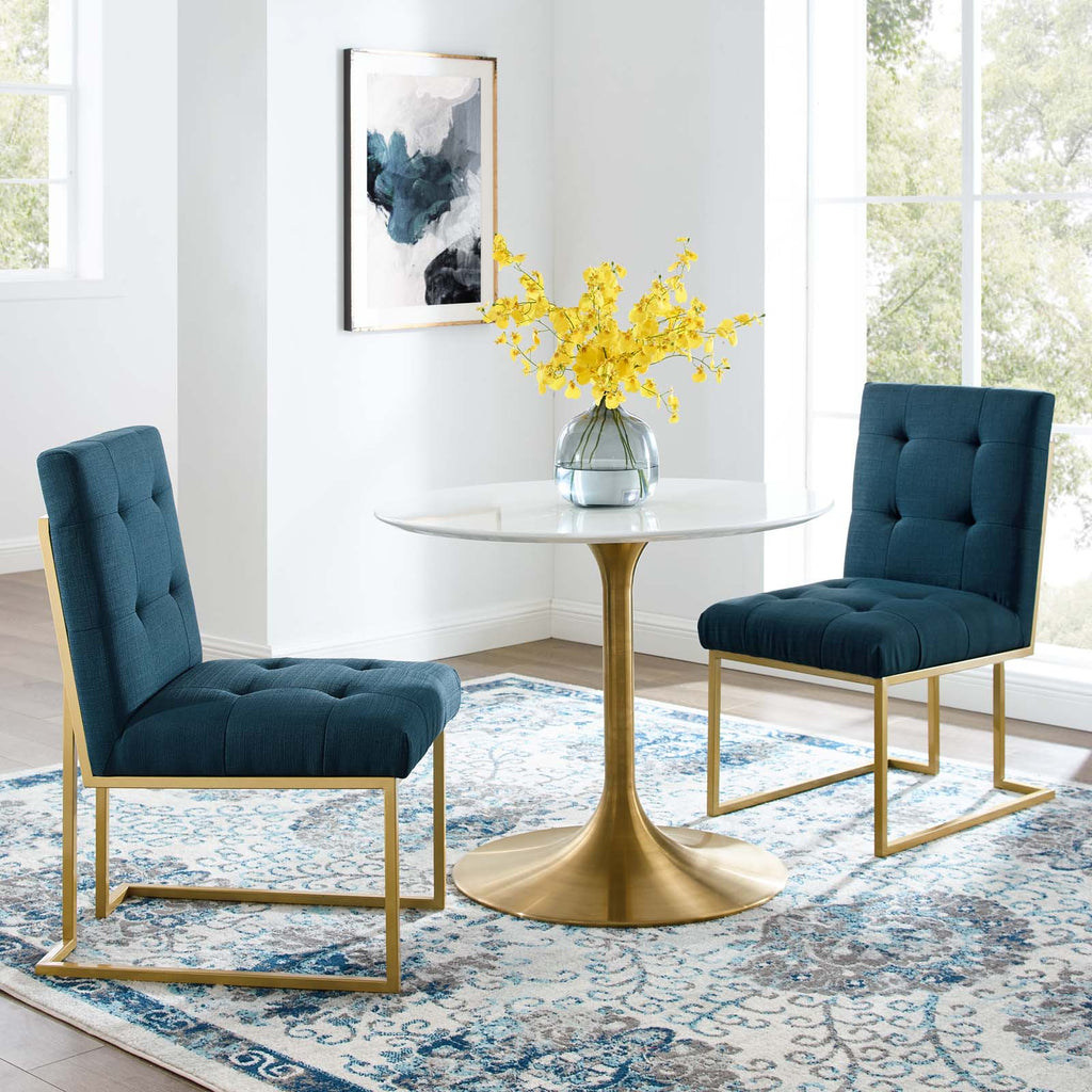 Privy Gold Stainless Steel Upholstered Fabric Dining Accent Chair Set of 2 in Gold Azure