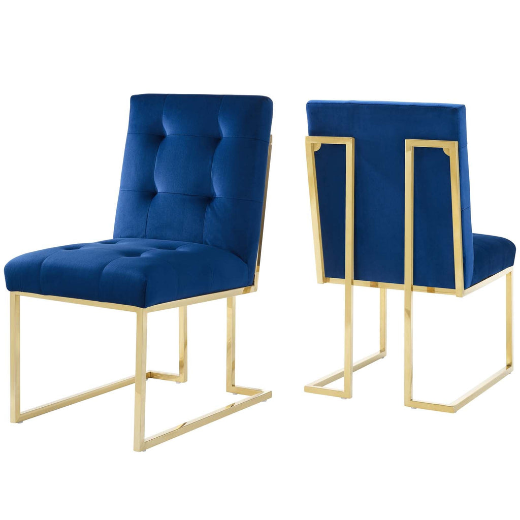 Privy Gold Stainless Steel Performance Velvet Dining Chair Set of 2 in Gold Navy