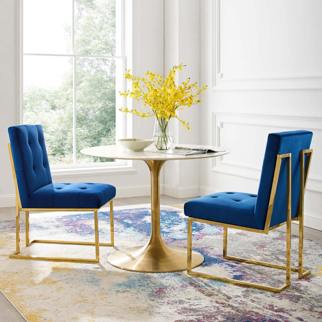 Privy Gold Stainless Steel Performance Velvet Dining Chair Set of 2 in Gold Navy