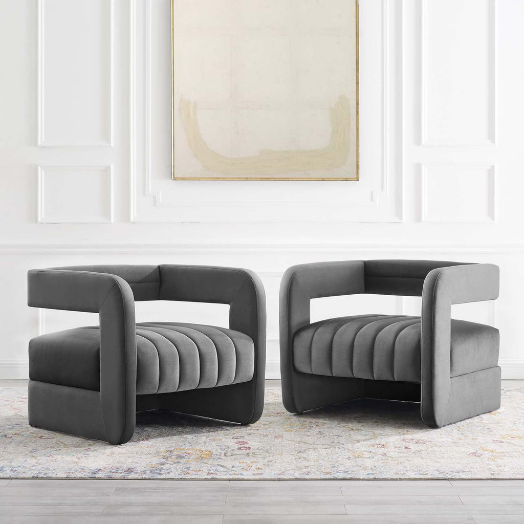 Range Tufted Performance Velvet Accent Armchair Set of 2 in Charcoal