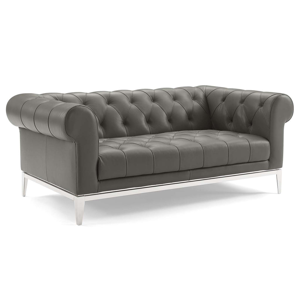 Idyll Tufted Upholstered Leather Sofa and Loveseat Set in Gray