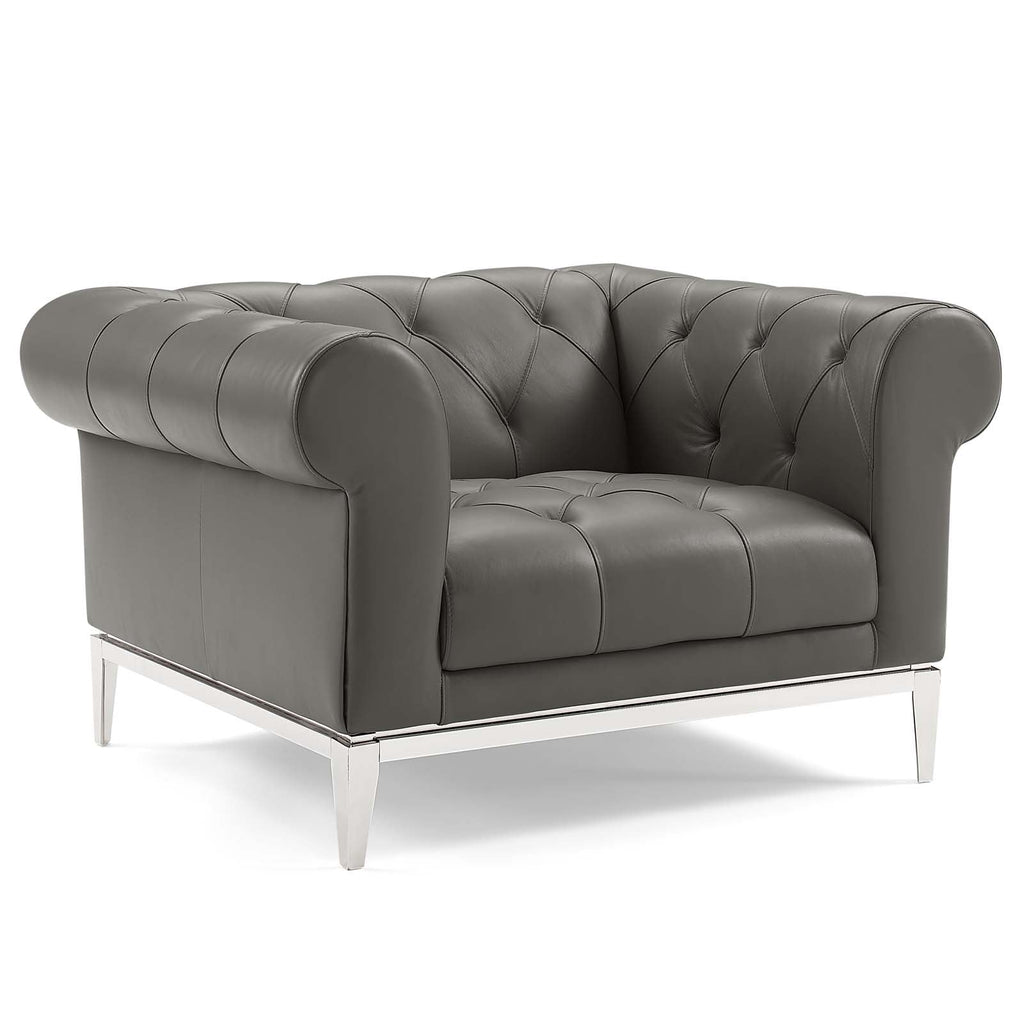 Idyll Tufted Upholstered Leather Loveseat and Armchair in Gray