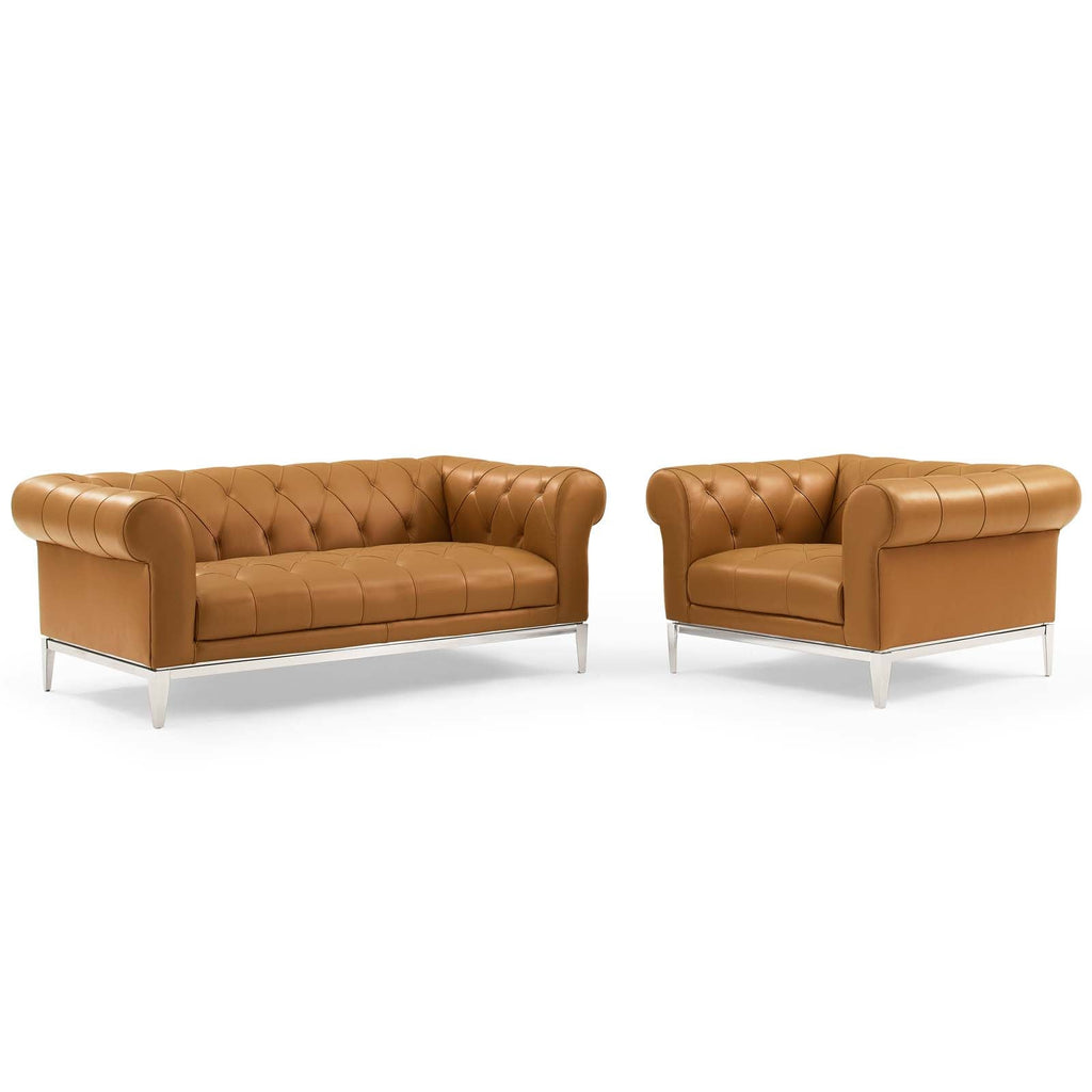Idyll Tufted Upholstered Leather Loveseat and Armchair in Tan