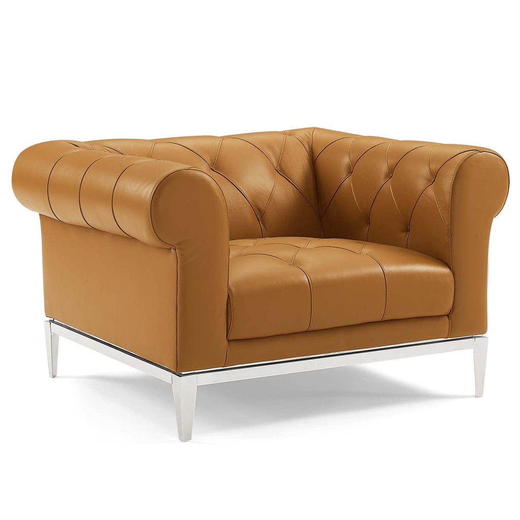 Idyll Tufted Upholstered Leather Loveseat and Armchair in Tan