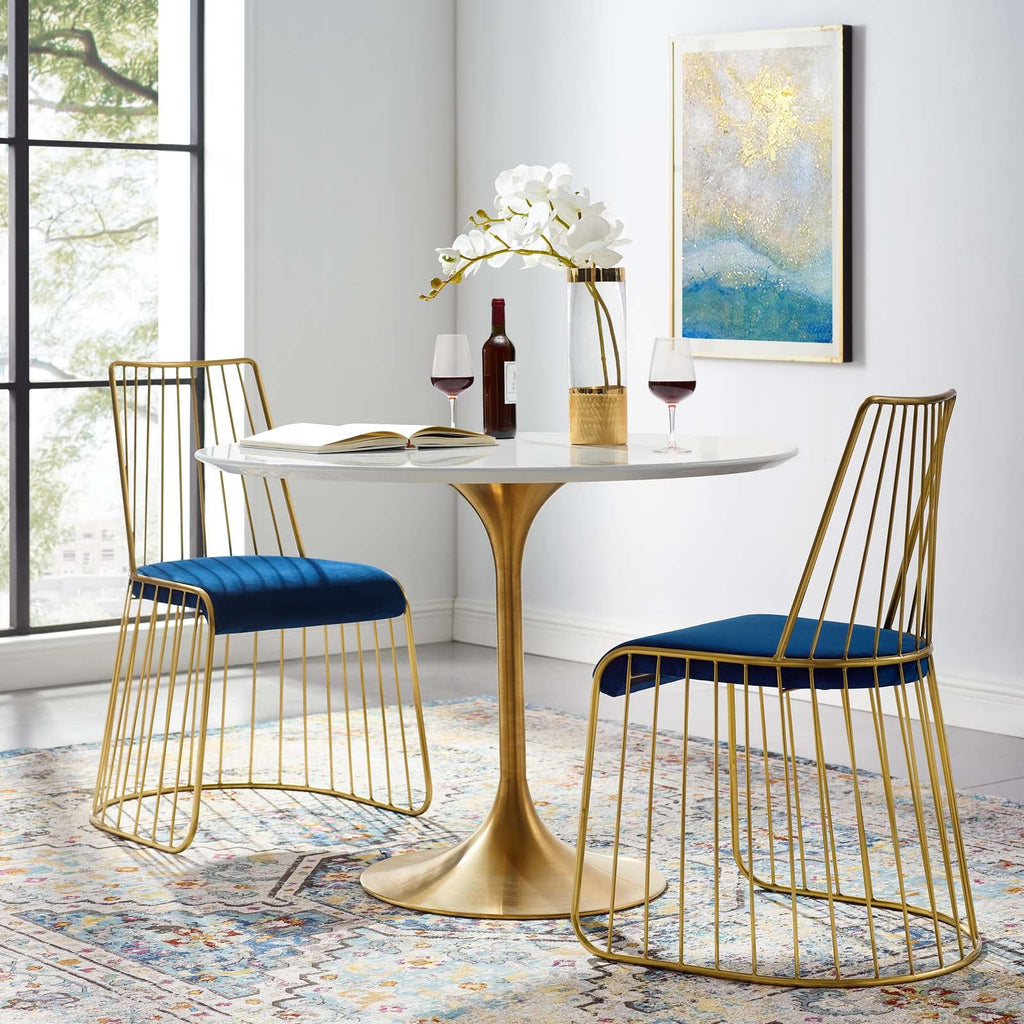 Rivulet Gold Stainless Steel Performance Velvet Dining Chair Set of 2 in Gold Navy