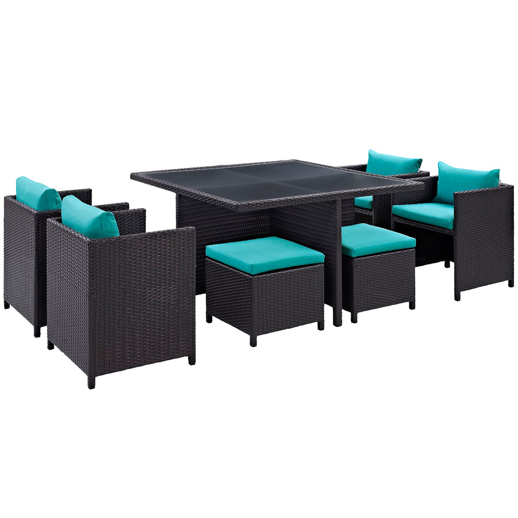 Inverse 9 Piece Outdoor Patio Dining Set in Espresso Turquoise