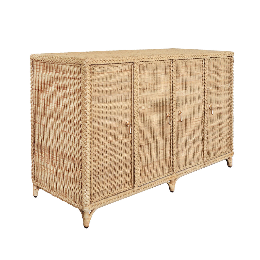 Four Door Buffet In Fully Wrapped Rattan With Satin Brass Pulls