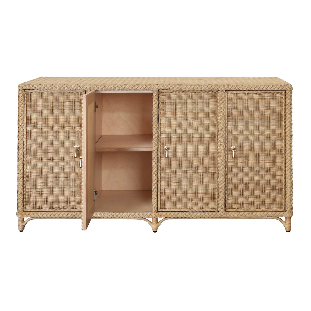 Four Door Buffet In Fully Wrapped Rattan With Satin Brass Pulls