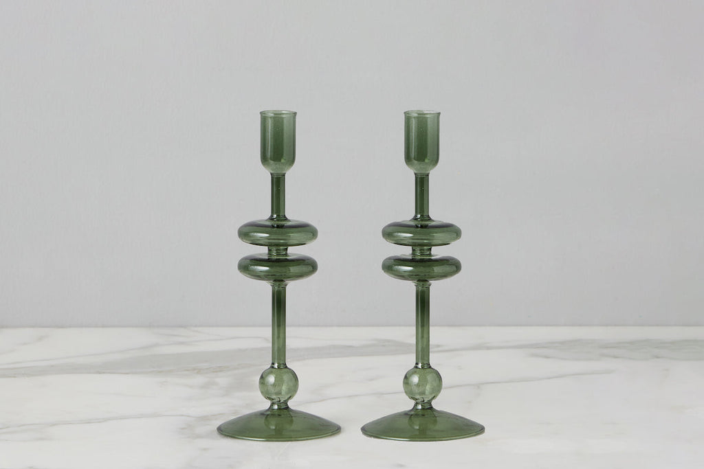 Emerald Glass Candlestick Pair