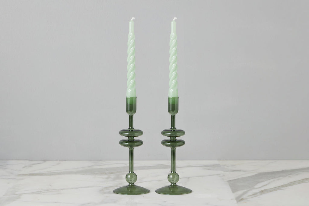 Emerald Glass Candlestick Pair