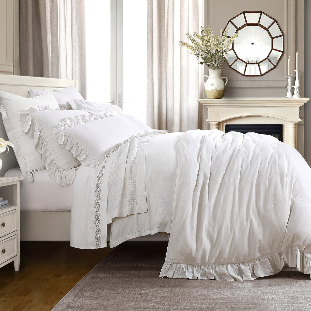 Washed Linen Ruffled Duvet, Twin White