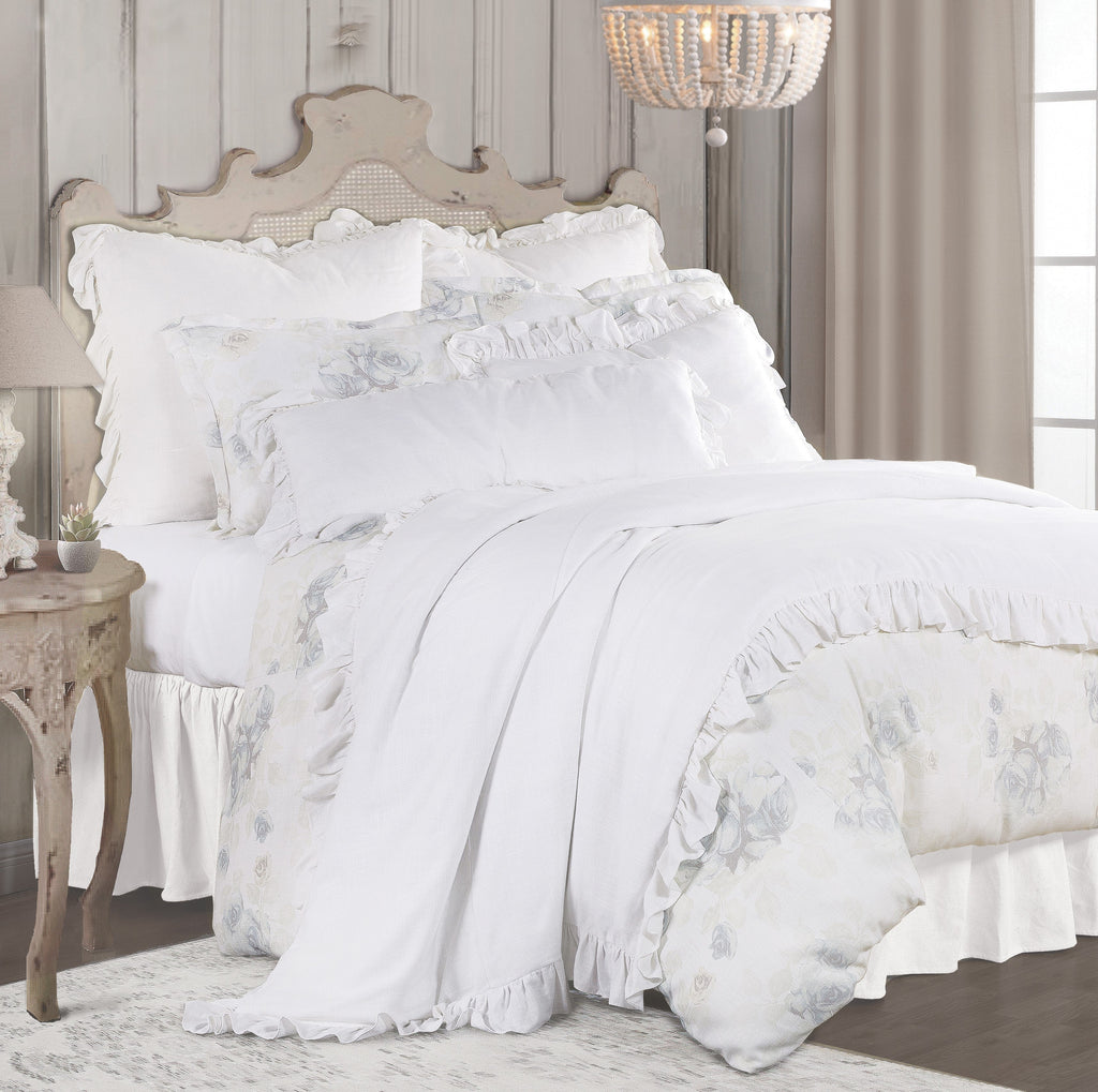 Washed Linen Ruffled Duvet, Twin White