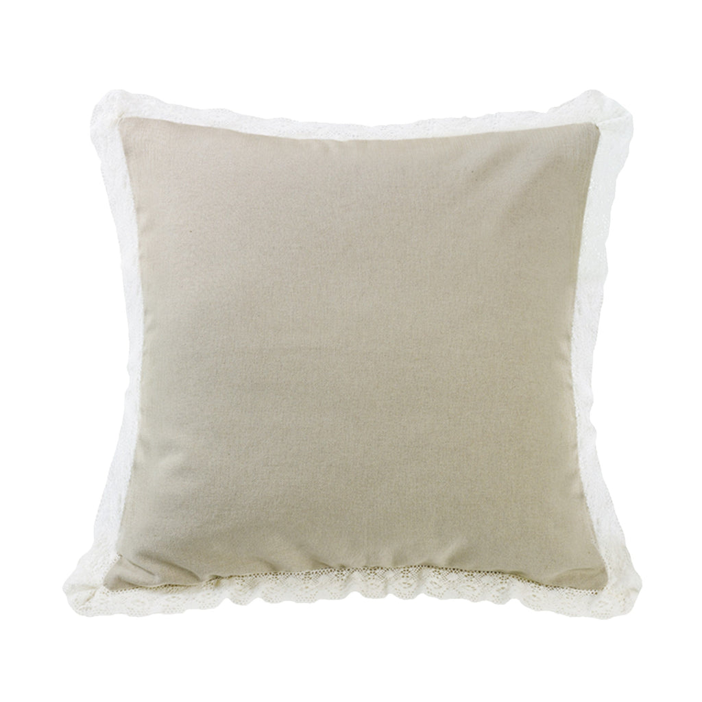 Tan Burlap with Off-White Lace Trim Square Pillow, 18X18