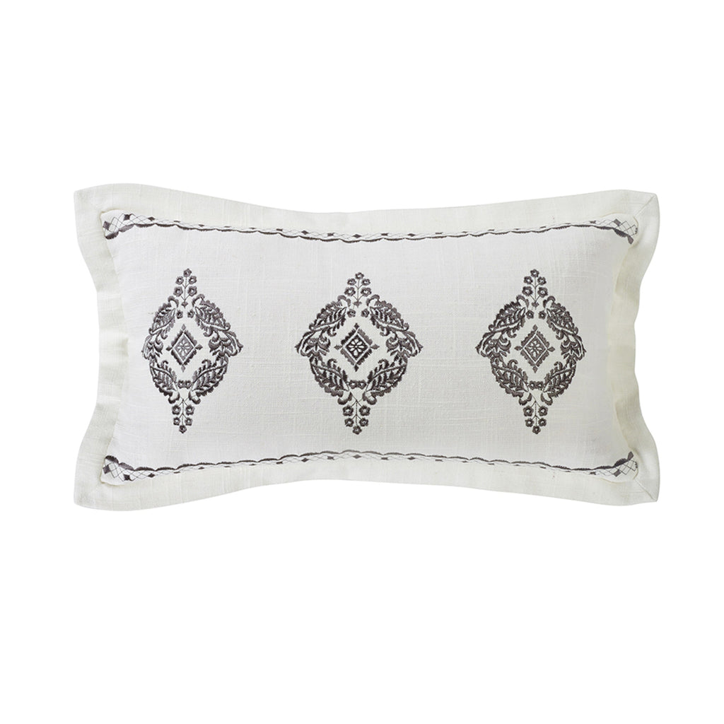 Oblong Grey Embroidered Lace Design Pillow with Flange, 10X18