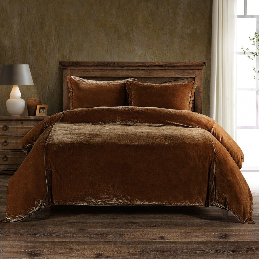 3PC Stella Silk Velvet Duvet Set, King Copper Brown