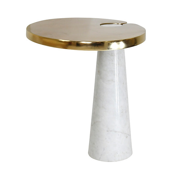 Oval Side Table With Brass Top And White Marble Pedestal Base