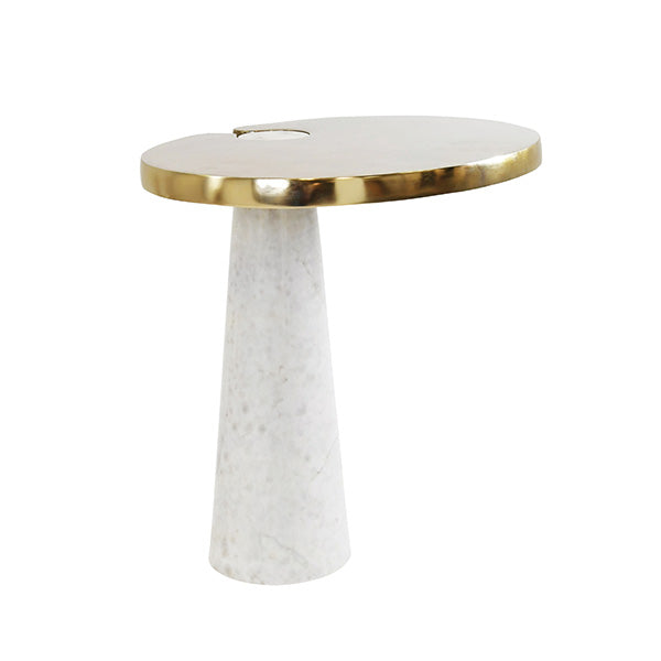 Oval Side Table With Brass Top And White Marble Pedestal Base