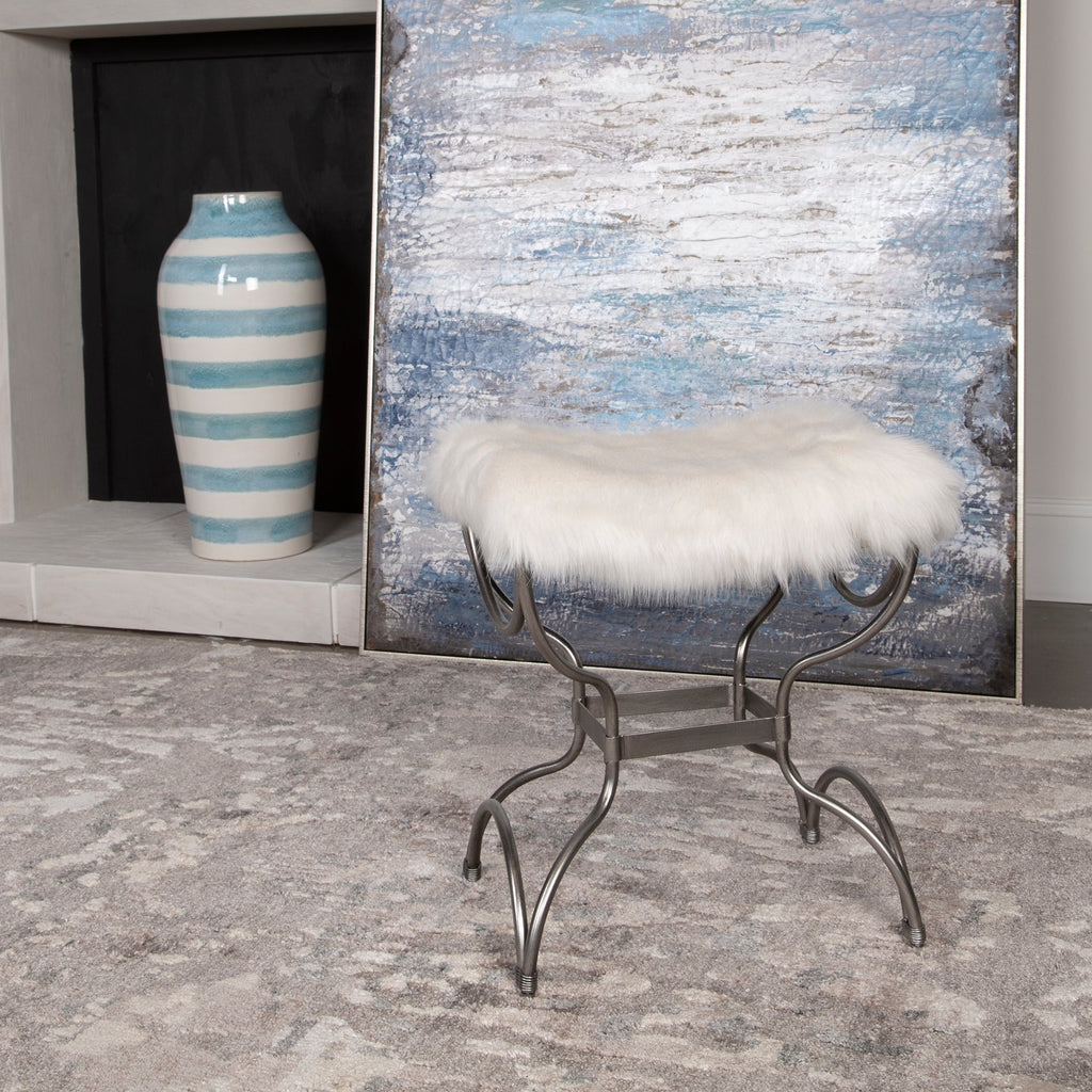 Channon White Fur Small Bench