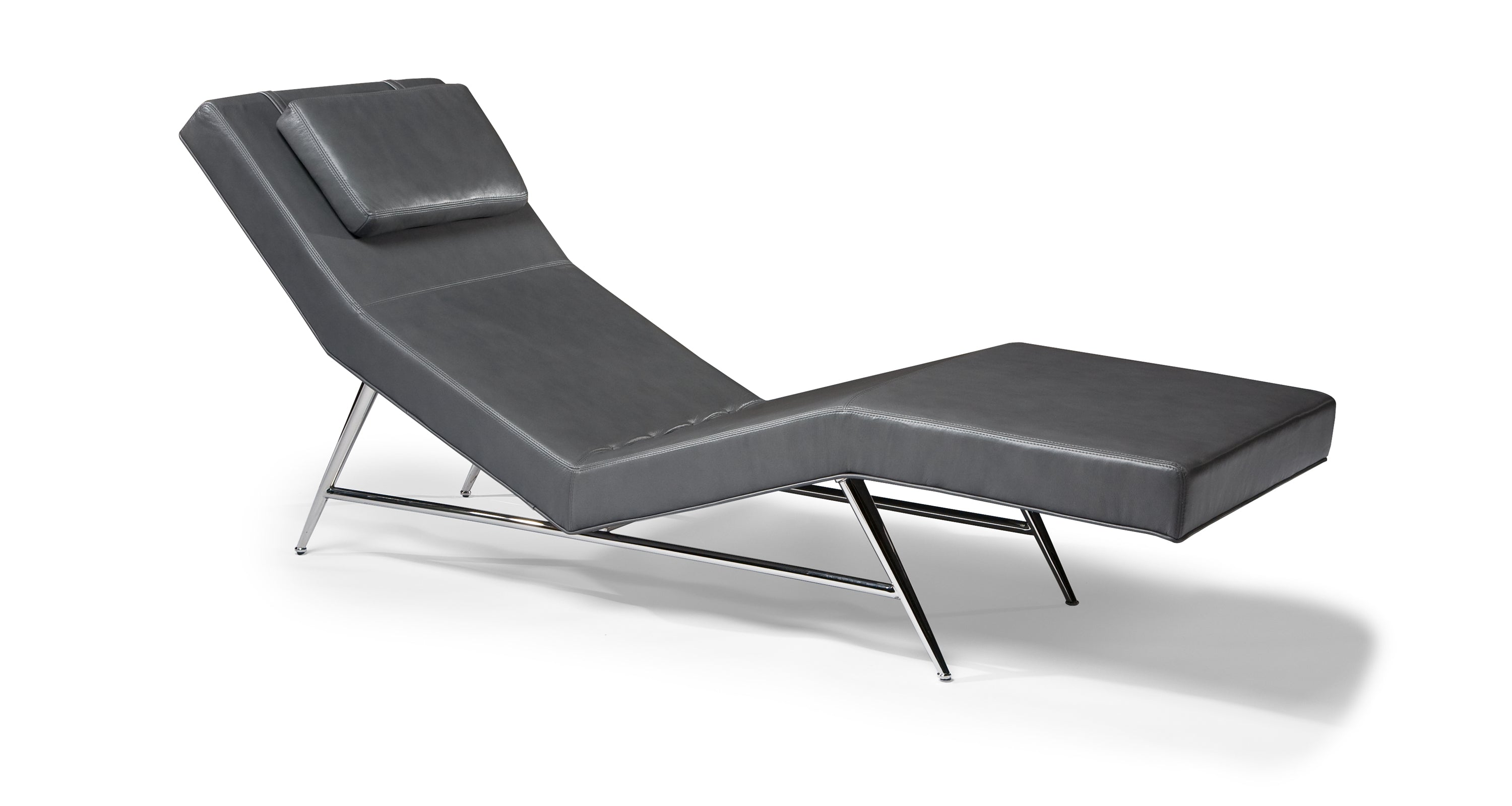 Fred Chaise In Gray Leather With Polished Stainless Steel Frame