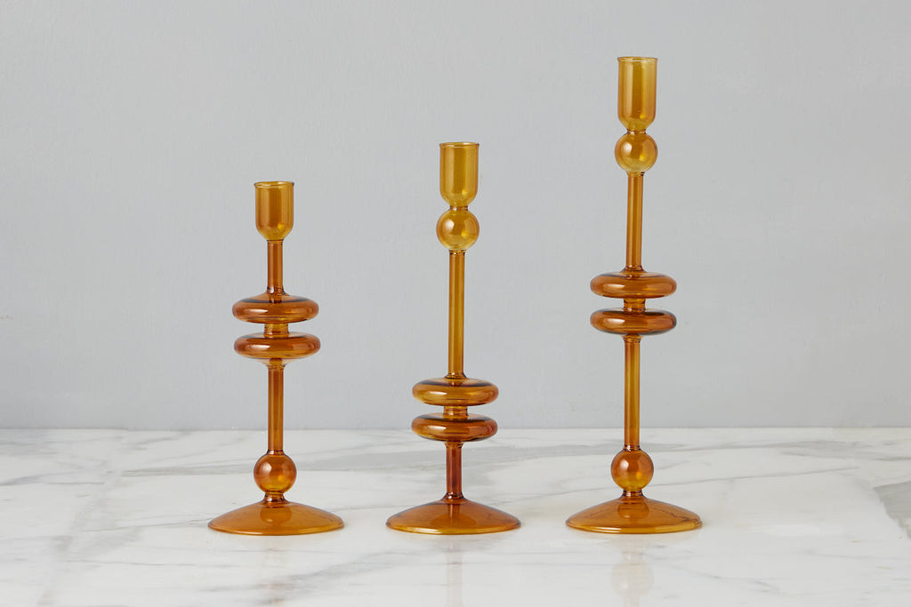 Amber Glass Candlestick Pair