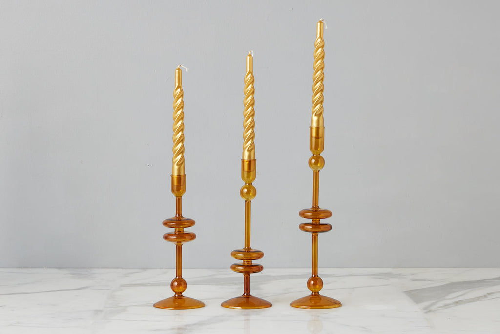 Amber Glass Candlestick Pair