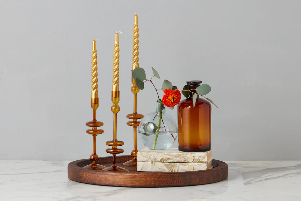 Amber Glass Candlestick Pair