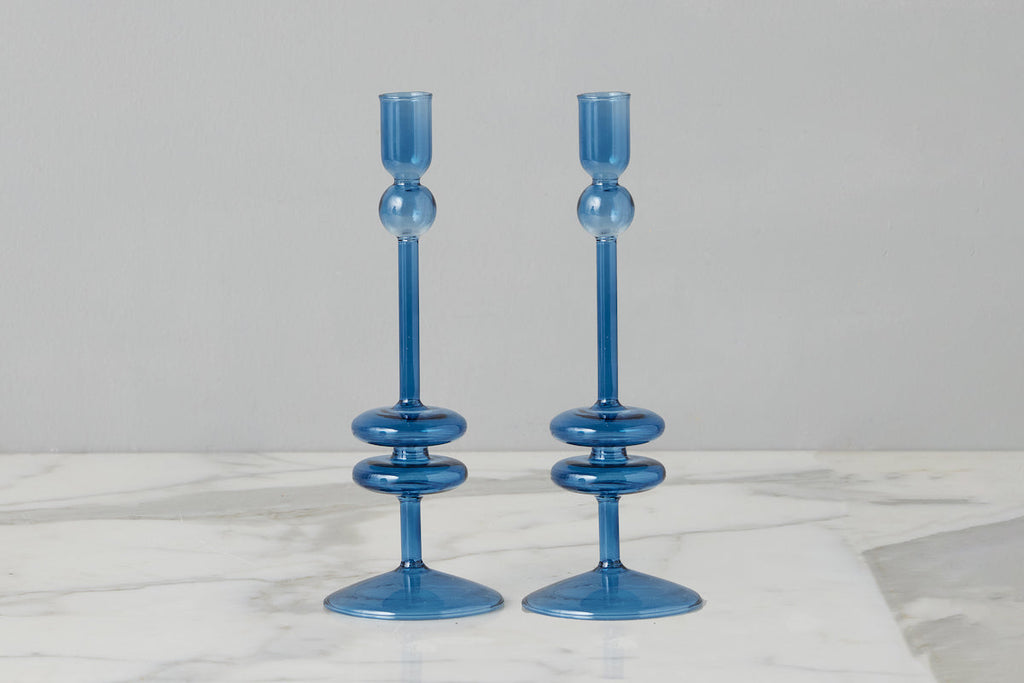 Sapphire Glass Candlestick Pair