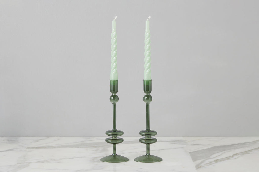 Emerald Glass Candlestick Pair