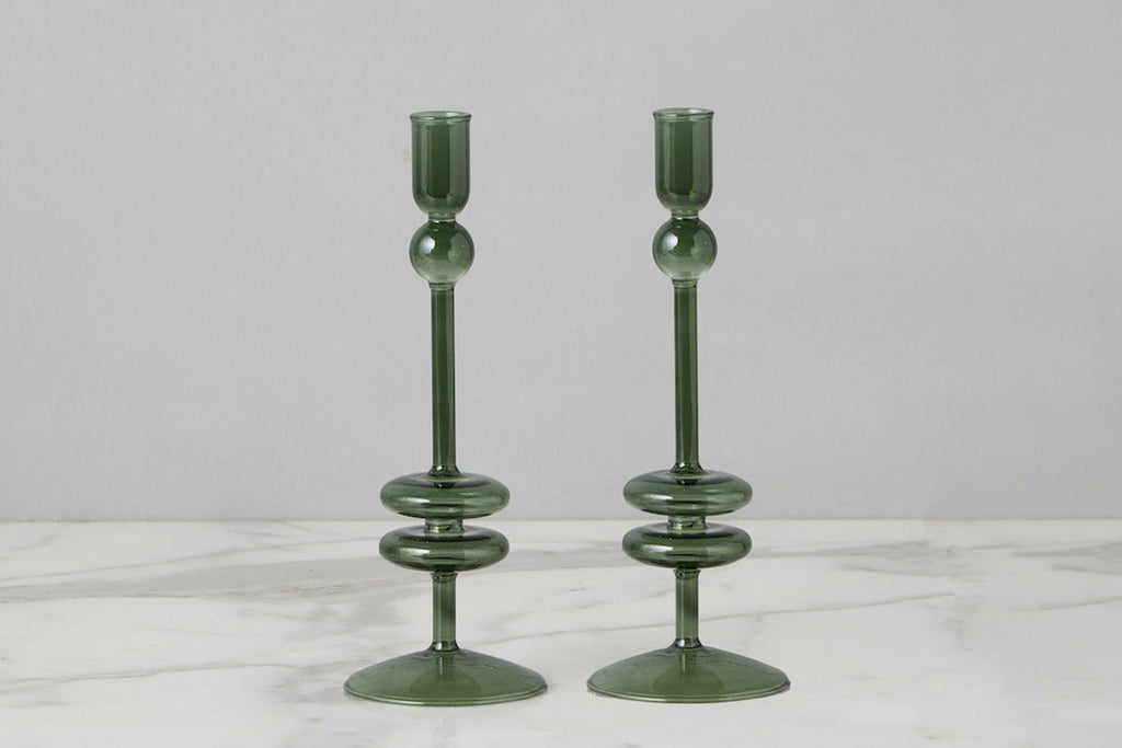 Emerald Glass Candlestick Pair